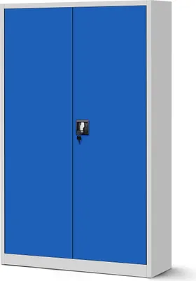 A blue metal cabinet with two doors and a silver lock in the center.