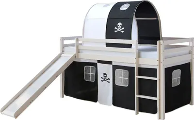 Image de Lits superposé avec Matelas 90x200 cm Toboggan Lit mezzanine en Bois Pin Massif Rideau Tunnel Pirate Noir Sommier à lattes