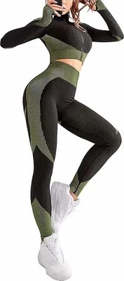 Produktbild von ASKSA Damen Yoga Sportanzüge Langarm Crop Top + Leggings 2 Stücke Bekleidungs Sets Jogginganzug, Armeegrün, L