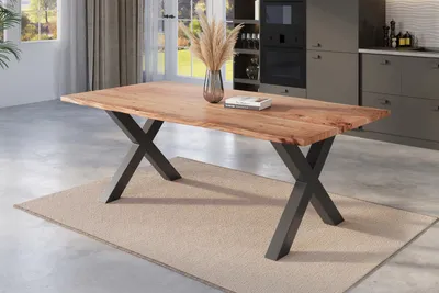Produktbild von Esstisch Baumkante massiv Akazie natur 220 x 100 schwarz X-Gestell NICK