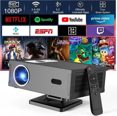 Obrázek produktu pro Projektor Beamer Full HD 1080P, podpora 4K, chytrý projektor 4K s Wi-Fi 6 a Bluetooth 5.0, mini projektor s automatickou horizontální korekcí a dálkovým ostřením