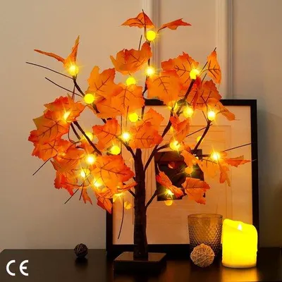 Produktbild von 24 Zoll Herbst Ahornbaum mit 24 LED Kürbislampen Batteriebetriebener Tischbaum