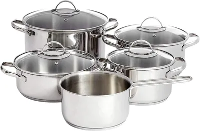 Image de A. Ensemble de 9 pièces de batterie de cuisine, en acier inoxydable, compatible avec les plaques à induction, avec couvercles