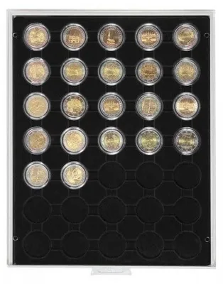 Produktbild von Lindner 2530C Münzbox Carbo mit 35 runden Vertiefungen für Münzkapseln mit Außen-Ø 32 mm-Grau / schwarze Einlage