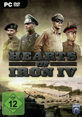 The cover art for the video game Hearts of Iron IV, featuring four military leaders and a battlefield scene.