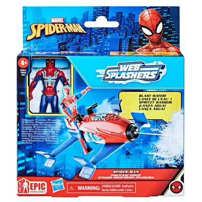The image shows the packaging of a Spider-Man Web Splashers Hydro Jet Blast toy, featuring Spider-Man in action with his jet.
