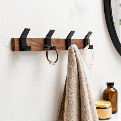Image de Porte-manteau de 40 cm, avec 4 crochets en métal, en bois massif de noyer, idéal pour l'entrée