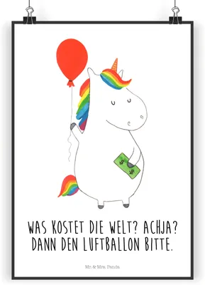 Produktbild von Mr. & Mrs. Panda Bild Einhorn Luftballon DIN A3 - Weiß - Geschenk, drucke, Unicorn, Geld, Einhörner, Kunstdruck, Wandbild, wanddeko, Freundin, Plakat