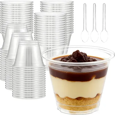 Produktbild von Dessertgläser aus Kunststoff - 50 Stück 150ml - Wiederverwendbare Dessertbecher mit 50 Löffeln - Transparent