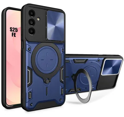 Image de Coque pour Samsung Galaxy S25 FE, Antichoc avec Anneau et Protection Caméra Coulissante Bleu Marine