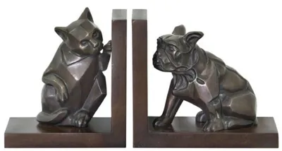 Zdjęcie produktu dla Casa Padrino zestaw podpórek do książek kot i pies brąz / brąz 18 x 18 x h. 10 cm - dekoracyjne figurki z brązu z drewnianą podstawą