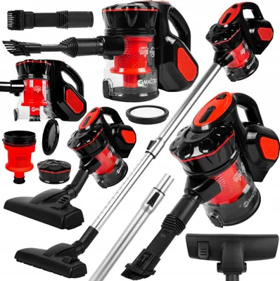 A collage of a cordless vacuum cleaner and its various attachments, displayed against a white background.