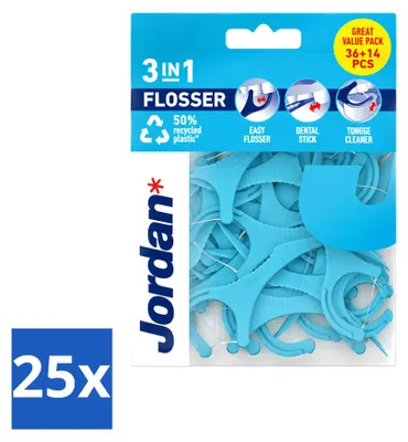 Produktbild von 25 x Jordan 3-in-1 Flosser - Zahnseide, Zahnstocher und Zungenreiniger - Vorteilspackung - 25 Stücke