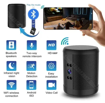 Produktbild von 1080p HD Mini WLAN Kamera mit Bluetooth-Lautsprecher, Haussicherung, Überwachung, Nachtsicht und Zwei-Wege-Fernsprechanlage