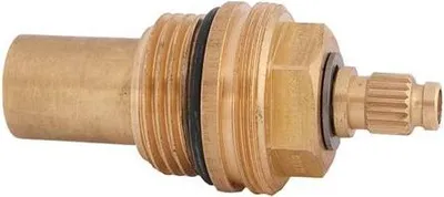 A close-up studio shot of a brass plumbing valve spindle.