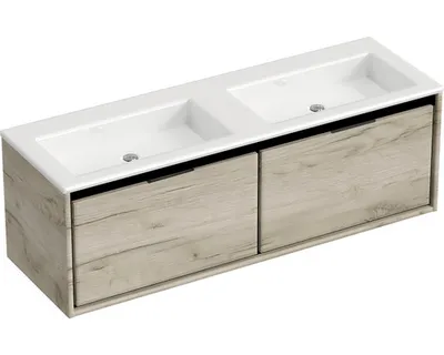 Produktbild von Sanox Badmöbel-Set Loft BxHxT 140,5 x 47 x 45,5 cm Frontfarbe craft oak mit Doppel-Waschtisch Mineralguss weiß Griff chr
