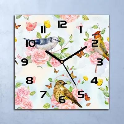Produktbild von Wanduhr Echt-Glas-Küchenuhr Vögel und Rosa Rosen Quarz 30x30 Deko Bilder
