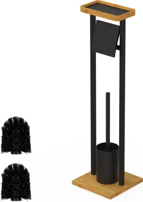 Immagine prodotto di Set per WC Relaxdays, ripiano, da appoggio, L x P x A: 73,5 x 20 x 20 cm, 2 spazzole di ricambio, portarotolo e spazzolone, nero/naturale