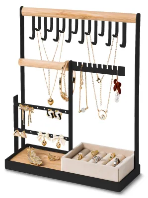 Schmuck-Organizer-Ständer, 4-stöckig, 15 Haken, 16 Ohrringlöcher, Schwarz