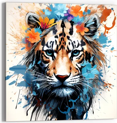 Produktbild von DEQOART Glasbild Echtglas 30x30 cm 'Tigerflorale Pracht' Wandbild Bild modern Deko