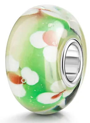 Produktbild von MATERIA by Matthias Wagner Glas Bead grün mit Blumen weiß Glas Anhänger für Beads Armband mit Silber Hülse 535