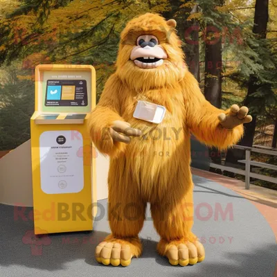 Productafbeelding van Gouden Sasquatch mascotte REDBROKOLY kostuum karakter gekleed met een midi-jurk en portefeuilles