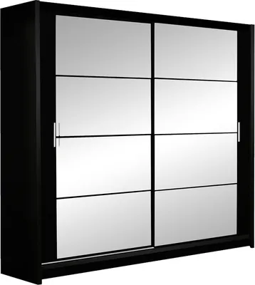 Produktbild von Furniture24 Kleiderschrank Dakota 160 Schlafzimmer 2 Türiger Schwebetürenschrank Schrank mit Kleiderstange 4 Einlegeboden und Spiegel Schwarz Schiebetür