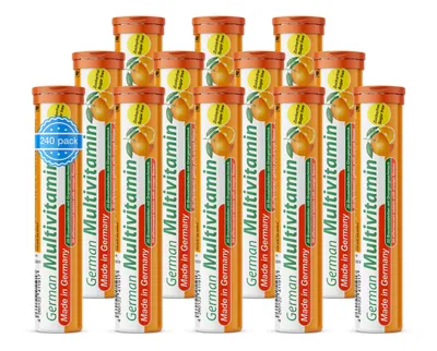 Produktbild von German Multivitamin Brausetabletten 12x20 Stk. Orangengeschmack - Vitamin C, E, B1, B2, B6, B12, Biotin, Folsäure, Niacin, Pantothensäure Zuckerfrei – T&D Pharma – Germany