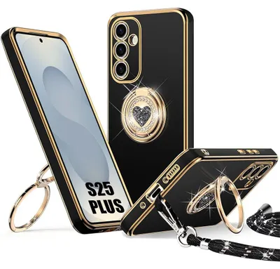 Image de Coque pour Samsung Galaxy S25 Plus (S25+) Protection Silicone Antichoc avec Cordon et Anneau Motif Coeur - Noir