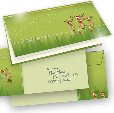 Produktbild von RENTIERE Weihnachtskarten Set (10 Sets) mit Umschlag und mit Einlegeblätter Einleger zum bedrucken