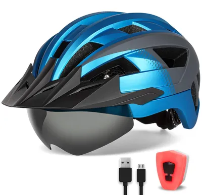 Zdjęcie produktu dla Kask rowerowy FUNWICT z daszkiem dla mężczyzn i kobiet, lekki kask rowerowy z magnetyczną osłoną na okulary i diodą LED do ładowania przez USB, stylowy kask rowerowy górski (rozmiar M: 54-58 cm, niebiesko-szary)