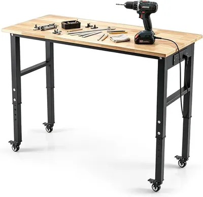 Imagen del producto de Banco de trabajo con enchufes y ruedas, mesa de trabajo con altura ajustable