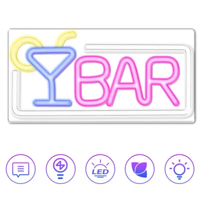A neon sign shaped like a cocktail glass and the word 'BAR' is displayed against a white background. Below the sign are five circular icons, each representing a feature or benefit.