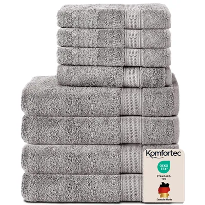 Produktbild von Komfortec 8er Handtuch Set aus 100% Baumwolle, 4 Badetücher 70x140 und 4 Handtücher 50x100 cm, Frottee , Weich,Groß, Silber