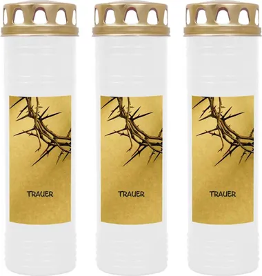 Produktbild von Grabkerze Weiß 3er Pack, Brenndauer: 170 Stunden ( je Kerze ), Motiv: Trauer