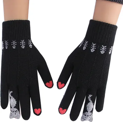 Produktbild von Winterfrauen niedlichen Cartoon-Katzen-Touchscreen-Handschuhe volle Finger gestrickte Handschuhe - (schwarz)