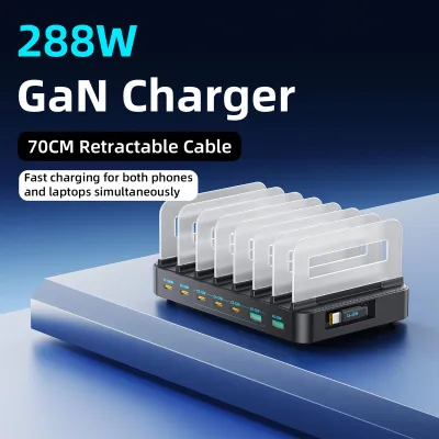 Produktbild von 288W 8 Ports Desktop Charger GaN Technology Fast Charging Station with Detachable Baffle Retractable Cables EU Plug