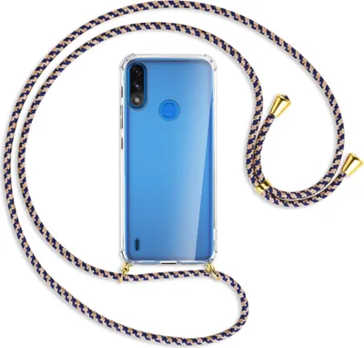 Produktbild von Handykette Backcover-Schutzhülle mit Band (Metall goldfarben) für Motorola Moto E7 Power, E7i Power - blau+beige
