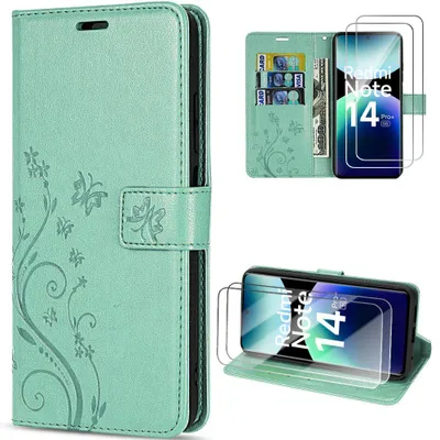 Image de Coque + 2 Verres Trempés pour Xiaomi Redmi Note 14 Pro Plus 5G, Protection CuirPolyuréthaneVert Motif Papillon