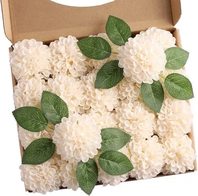 Productafbeelding van Ibenzoa® Kunstdahliën – Set van 20 stuks met bladeren en flexibele stelen. De bloemen zijn gemaakt van PE-schuim, hebben een diameter van 7,5 cm en een stelengte van 19,5 cm. Geschikt voor bruiloften en decoratie
