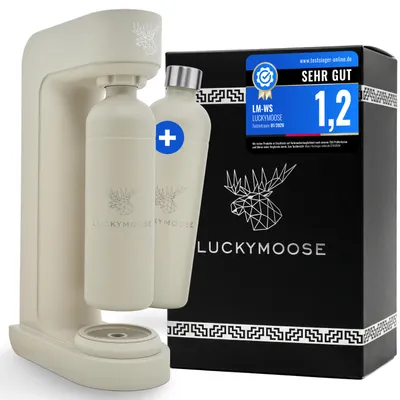 Produktbild von Luckymoose Infinity Wassersprudler mit 2x 1,25L langlebigen, spülmaschinenfesten Edelstahlflaschen – CO₂-sparende Sprudelwasser Maschine
