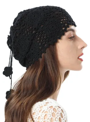 Produktbild von Strickmütze Damen Häkelmütze Slouch Beanie Einheitsgröße Pferdeschwanz Schwarz Baumwolle