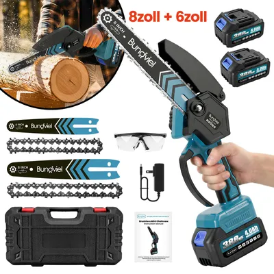Produktbild von 6+8 Zoll Akku-Kettensäge 2x 21V 4000mAh, mini kettensäge mit akku & bürstenlosem Motor,inkl. 2 Akkus, Ladegerät & Ersatzketten