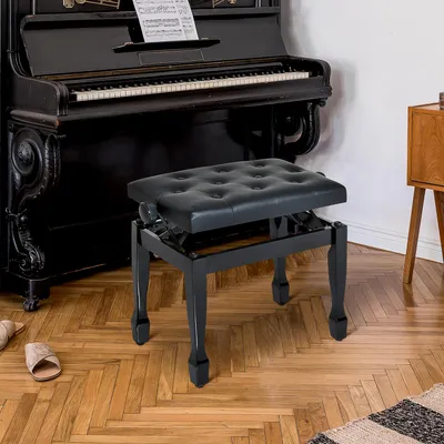 Produktbild von Klavierhocker höhenverstellbar Kunstleder, Klavierbank Pianobank Massivholz, Schwarz | 64 x 35 x 45–55 cm | bis 200 kg | Diamantknopf-Polsterung