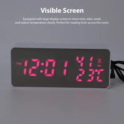 Zdjęcie produktu dla Budzik z lustrem, zmiennymi kolorami LED, funkcją ładowania telefonu, regulacją głośności oraz wyświetlaczem temperatury i wilgotności – zegar ścienny do domu, biura i w podróży