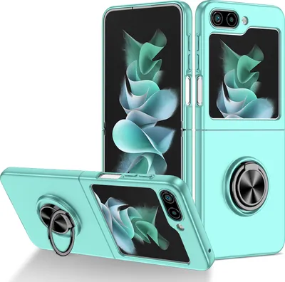 Three views of a light blue flip phone case with a ring holder, displayed on a white background.