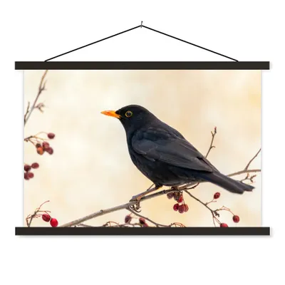 Produktbild von MuchoWow® Textilposter Amsel - Vogel - Zweige - Beere - Rot 120x80 cm mit schwarzem Rahmen - Wanddeko