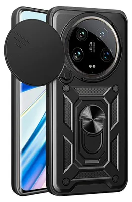 Productafbeelding van MobyDefend Hoesje - Geschikt voor Xiaomi 14 Ultra  -  Pantsercase Met Draaibare Ring - Zwart