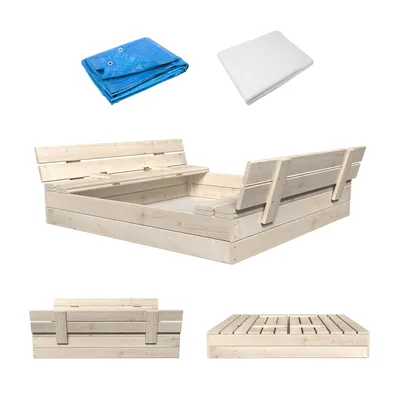 Produktbild von MAMOI Sandkasten mit Deckel 120x120 Sandbox natürlich Sandkiste mit Sitzbänken Holz Spielzeug Abdeckung Sitzbänken 150x150