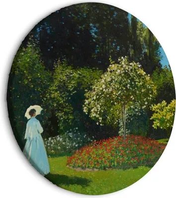 Produktbild von Italienischer Leinwand Rundes Bild - Woman in the Garden by Claude Monet - A Landscape of Vegetation in Spring 40x40 cm Reproduktionen l-G-10021-bc-a